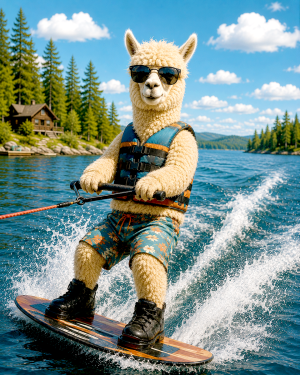 Alpaca-Wakeboarding-on-a-Wilderness-Lake-Matted-PrintQQWholesale-Southwestern-Summer-Art.png