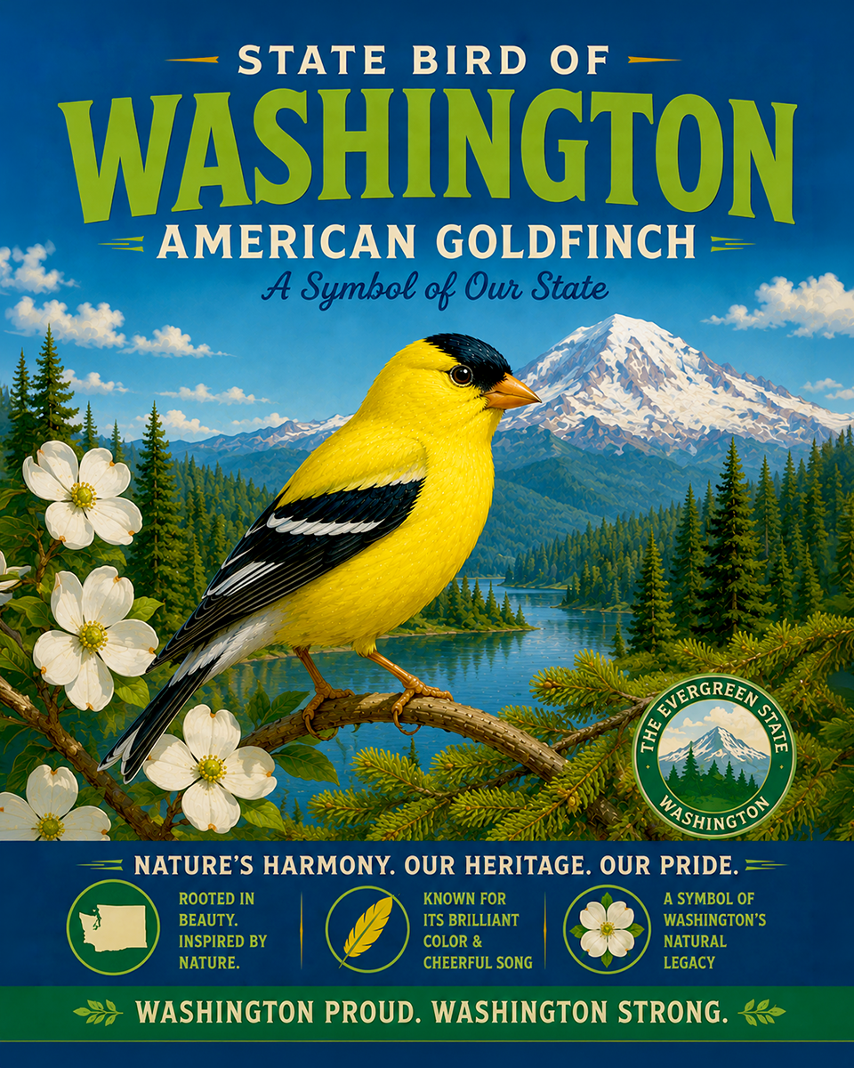 American Goldfinch Washington State Bird Matted Art Print - Bright Meadow Songbird Sketch for Pacific Northwest Style