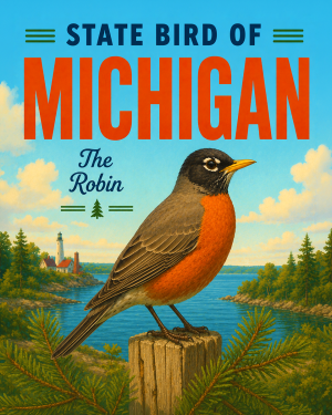 American Robin Michigan State Bird Matted Art Print - Iconic Backyard Songbird Illustration for Spring Decor