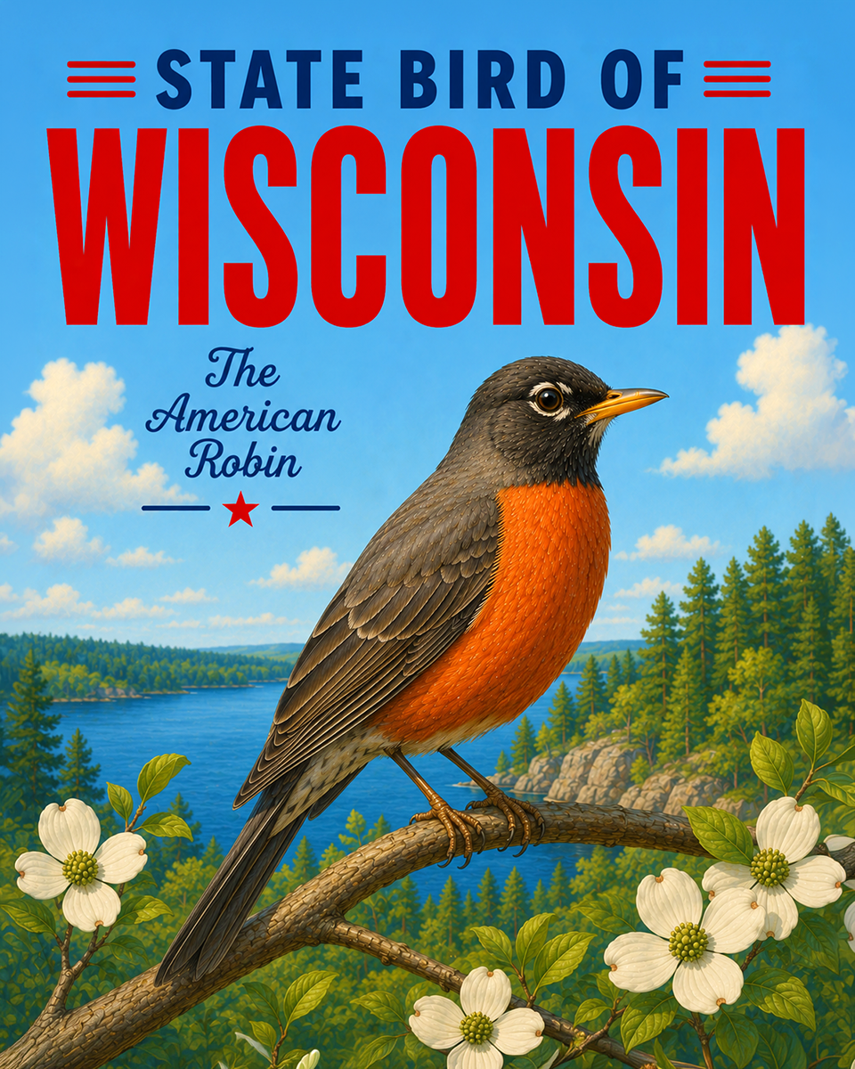 American Robin Wisconsin State Bird Matted Art Print - Beloved Garden Bird Portrait for Traditional Midwestern Home Decor