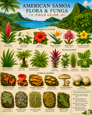 American Samoa Flora & Funga Field Guide Chart Matted Art Print - Tropical Flowers Ferns and Island Plants