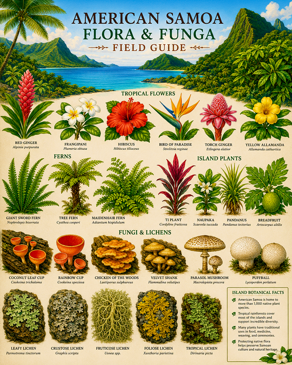 American Samoa Flora & Funga Field Guide Chart Matted Art Print - Tropical Flowers Ferns and Island Plants