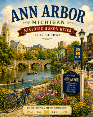 Ann Arbor Michigan Historic Huron River College Town Matted Art Print - Wholesale Retail Wall Art