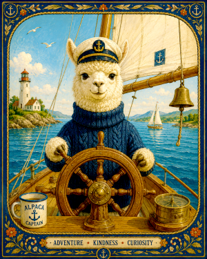 Anthropomorphic-Alpaca-Captaining-a-Sailboat-on-Calm-Blue-Waters-Matted-ArtworkQQWholesale-Lake-Life-Souvenir.png