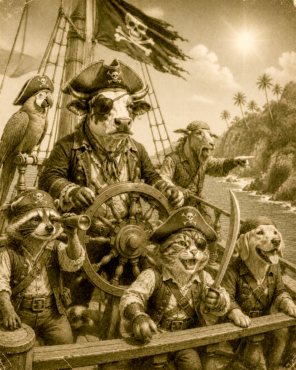 Anthropomorphic Animal Pirates on a Pirate Ship Along a sunny Coastline Matted Print - Wholesale Lake Life Souvenir Decor