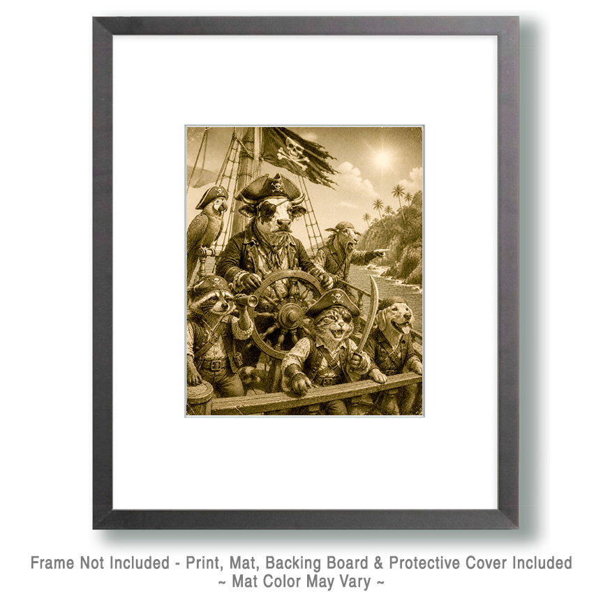 Anthropomorphic Animal Pirates on a Pirate Ship Along a sunny Coastline Matted Print - Wholesale Lake Life Souvenir Decor - Image 2
