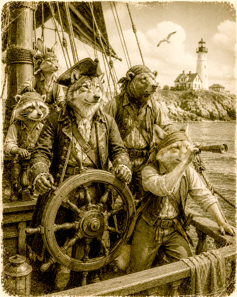 Anthropomorphic Animal Pirates on a Pirate Ship Along the Coast Matted Art Print - Wholesale Lake Life Souvenir Decor