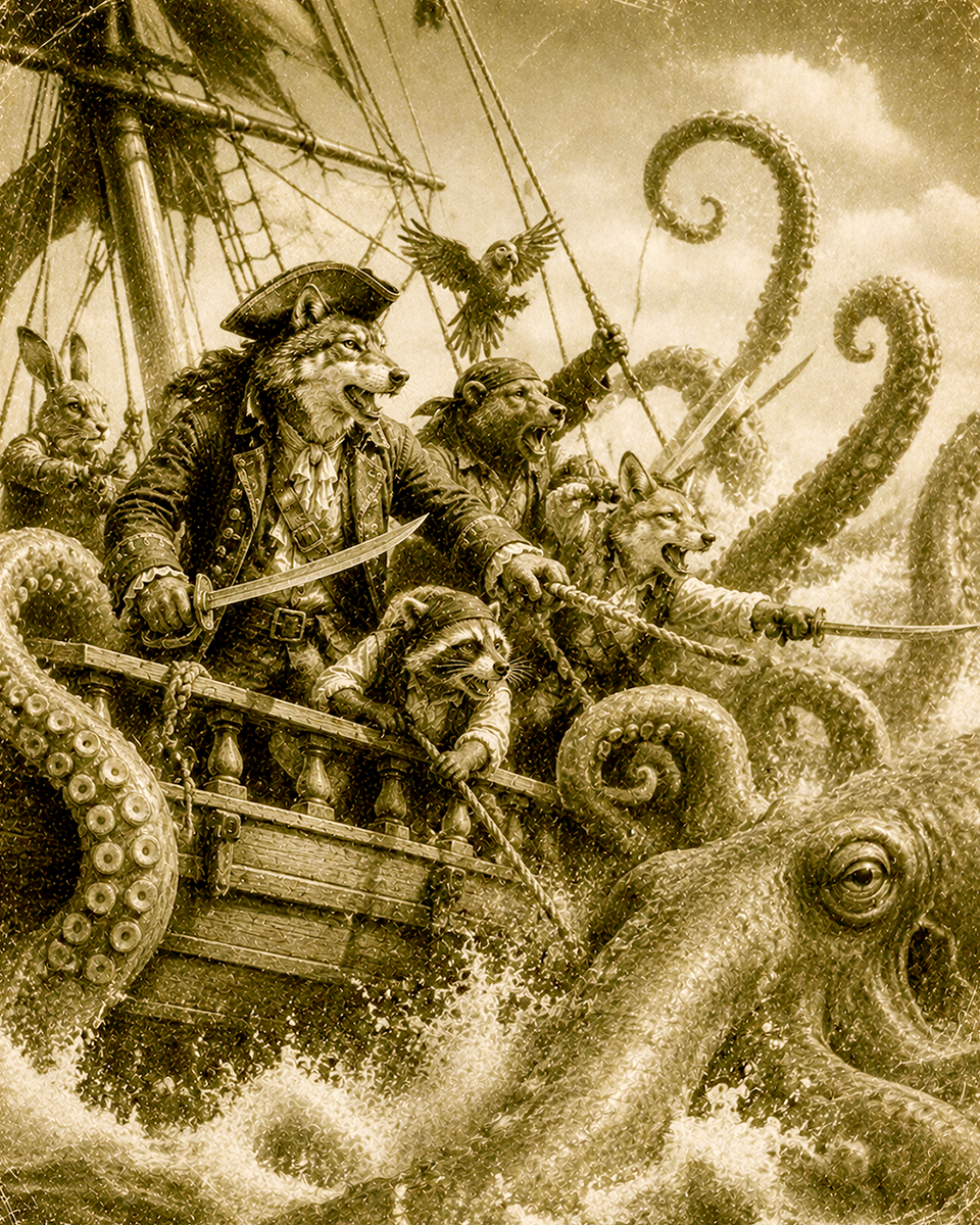 Anthropomorphic Animal Pirates on a Pirate Ship Fighting a Kraken Matted Print - Wholesale Lake Life Souvenir Decor