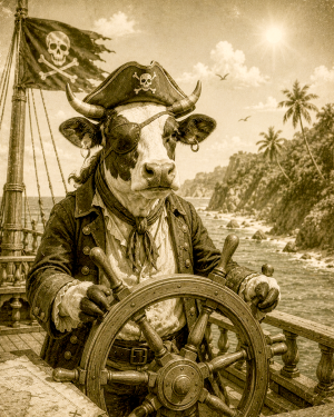 Anthropomorphic-Cow-Captaining-a-Pirate-Ship-Along-a-Sunny-Coastline-Matted-PrintQQWholesale-Lake-Life-Souvenir.png