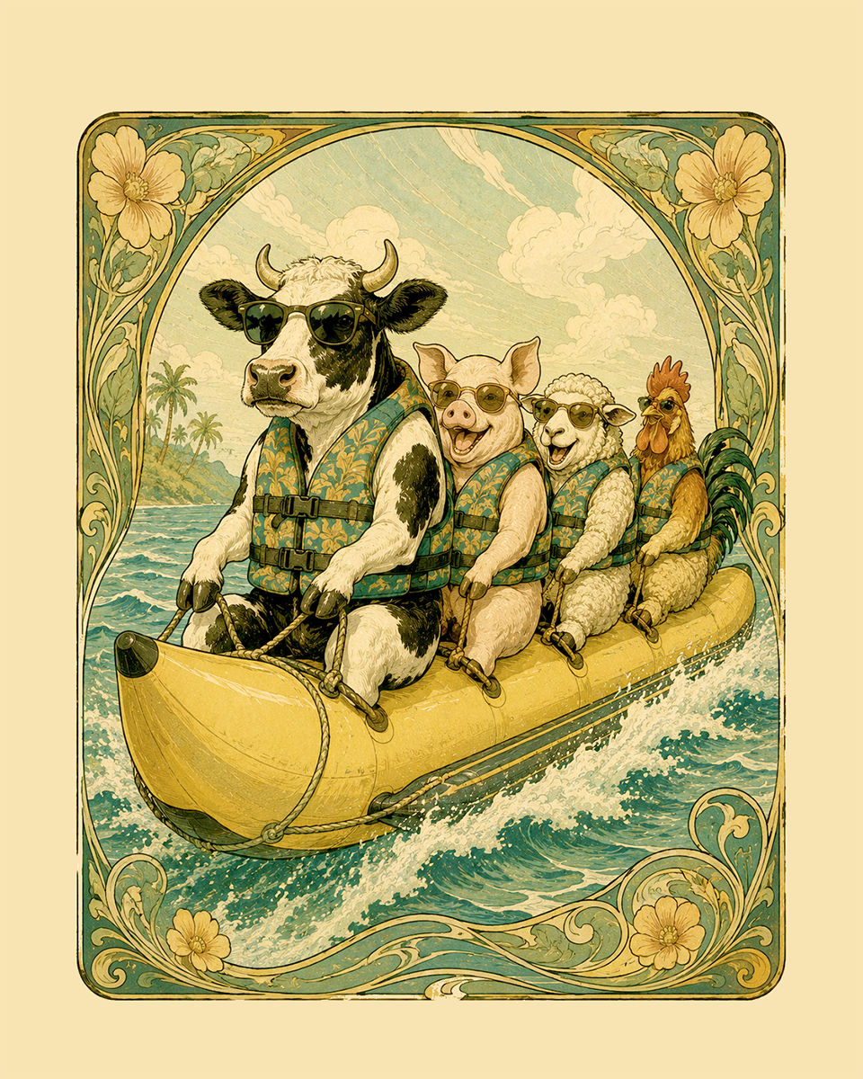 Anthropomorphic Cow Riding a Banana Boat with Other Farm Animals Matted Print - Wholesale Lake Life Art Nouveau Style Art Print