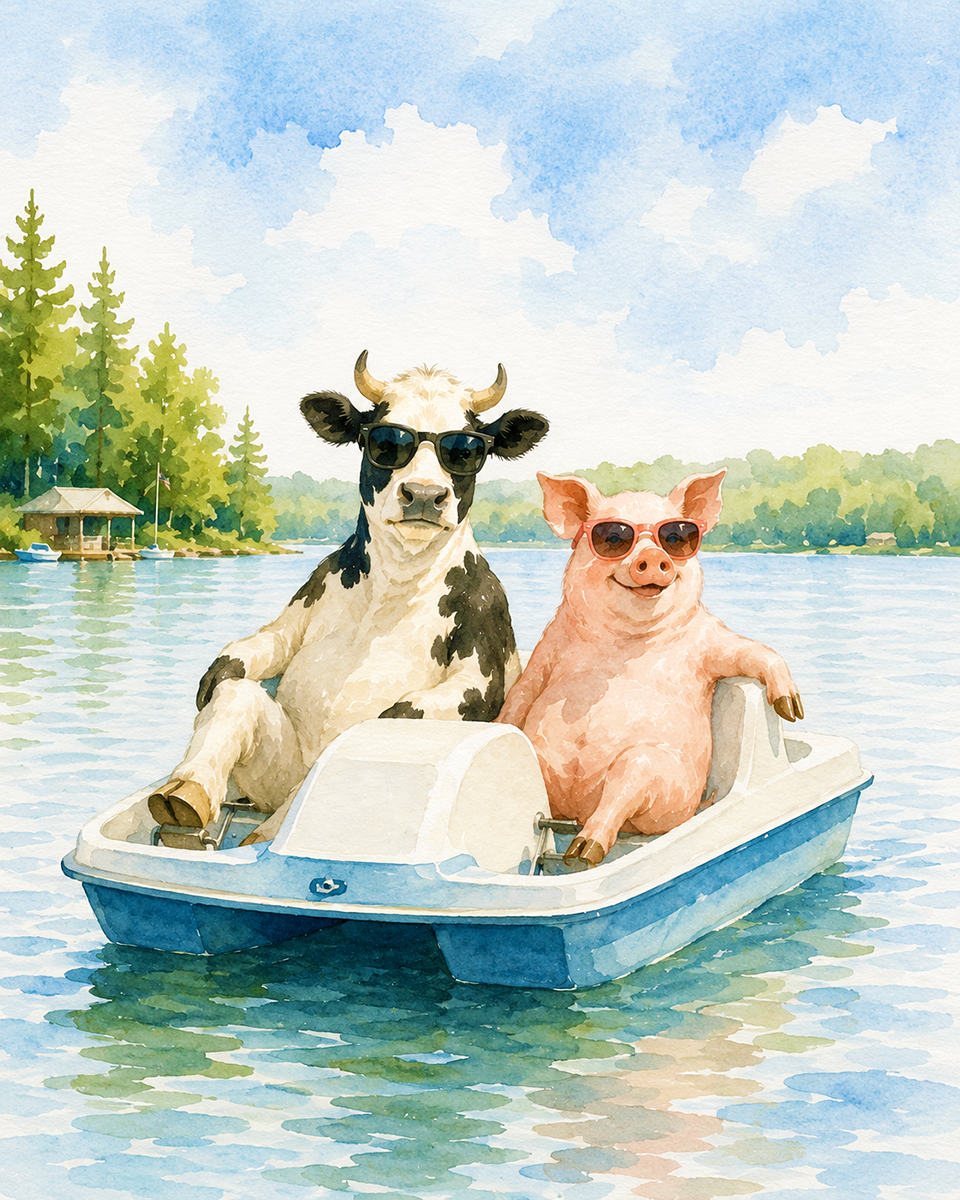 Anthropomorphic Cow and Pig Sharing a Pedal Boat on a Summer Lake - Watercolor Matted Print - Wholesale Lake Life Product