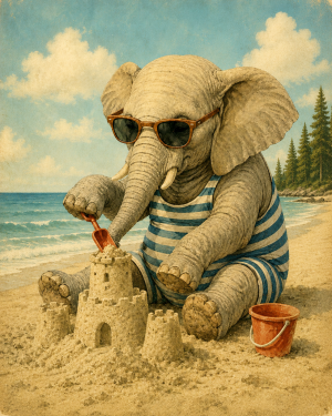 Anthropomorphic-Elephant-Building-Sand-Castles-at-the-Beach-Matted-PrintQQWholesale-Lake-Life-Souvenir-Product.png