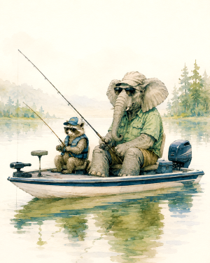 Anthropomorphic-Elephant-and-Raccoon-Fishing-from-a-Bass-BoatQQWatercolor-Matted-Art-PrintQQWholesale-Lake-Life-Souvenir-Decor.png