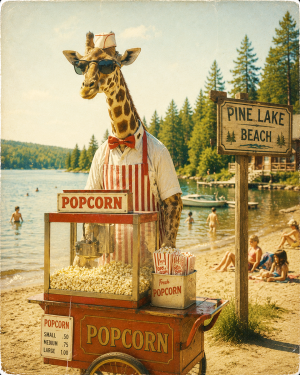 Anthropomorphic-Giraffe-Selling-Popcorn-a-Northern-Lake-Beach-Matted-PrintQQWholesale-Lake-Life-Souvenir-artwork.png