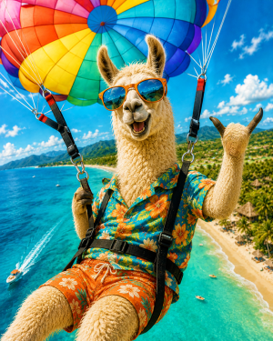 Anthropomorphic-Llama-Parasailing-Over-a-Tropical-Beach-Matted-PrintQQWholesale-Lake-Life-Souvenir-Artwork.png