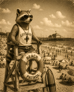 Anthropomorphic-Raccoon-Lifeguard-Watching-Over-a-Crowded-Beach-Matted-Art-PrintQQWholesale-Lake-Life-Souvenir-Decor.png