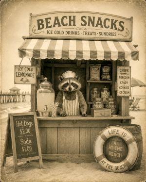 Anthropomorphic-Raccoon-Operating-a-Beach-Snack-Stand-by-the-Lake-Matted-PrintQQWholesale-Lake-Life-Souvenir-Home-Decor.png
