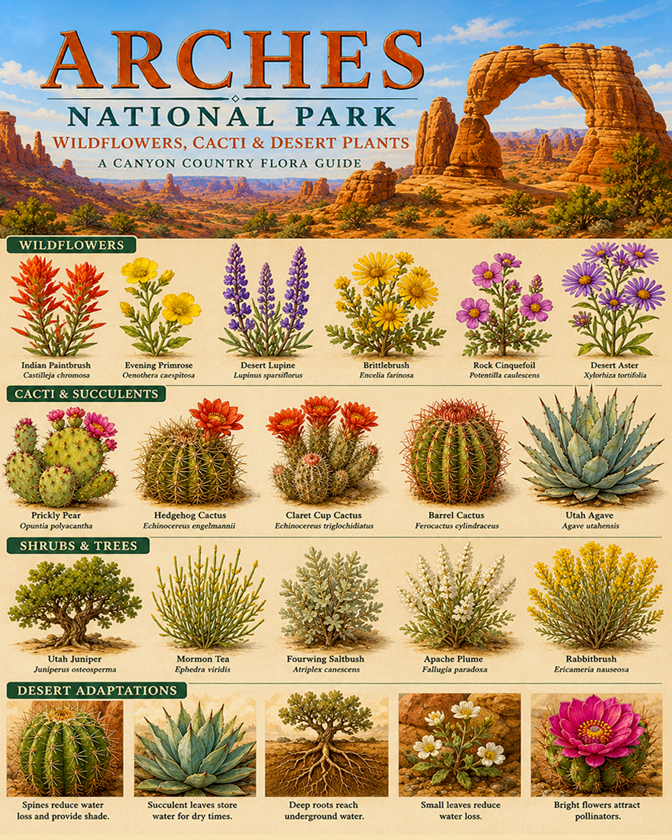Arches Wildflowers Cacti & Desert Plants Chart Matted Art Print - Canyon Country Flora Guide
