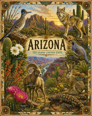 Arizona-Desert-Wildlife-Collage-Matted-Art-PrintQQRoadrunners-Coyotes-and-Cactus-Blooms