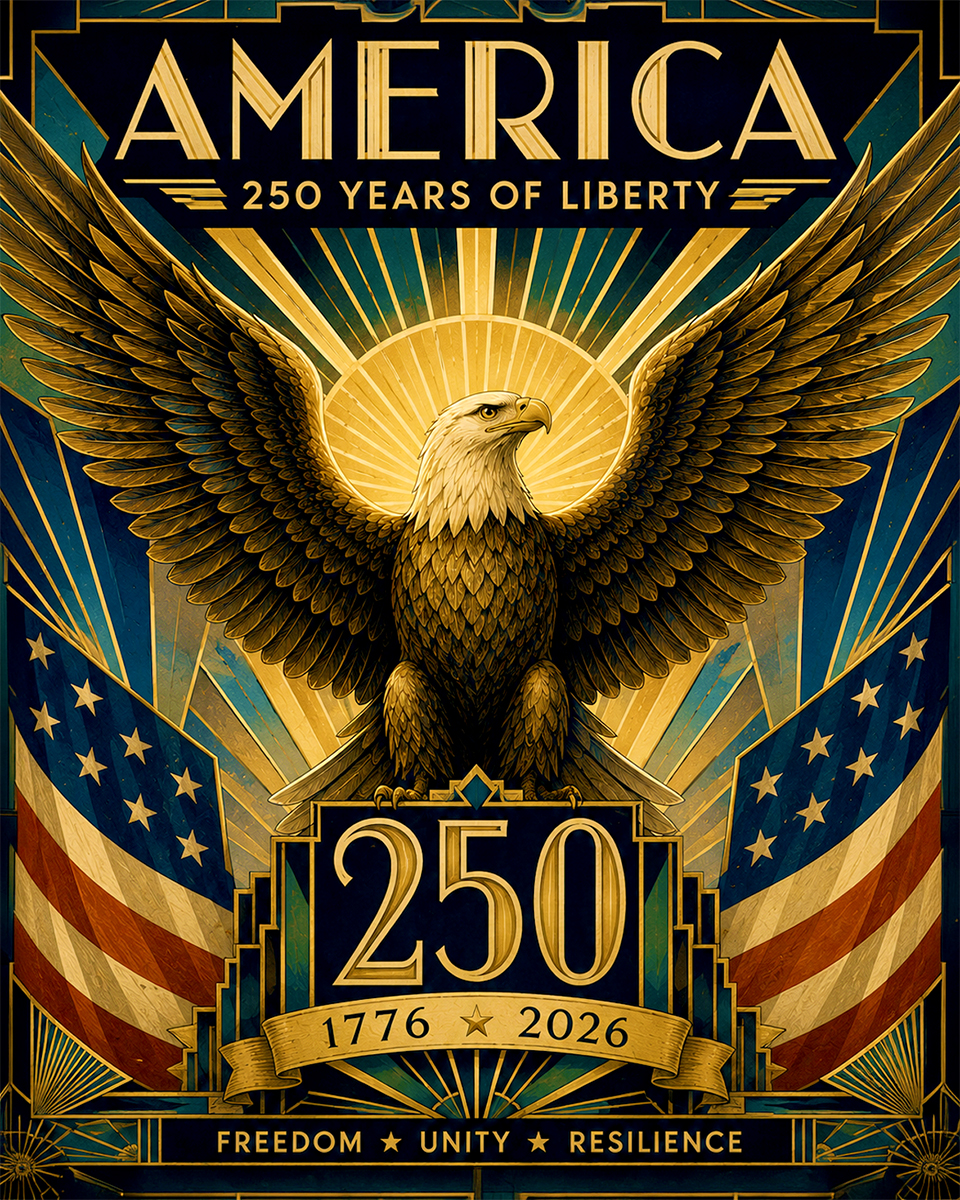 Art Deco America 250 Eagle with Sunburst Matted Art Print