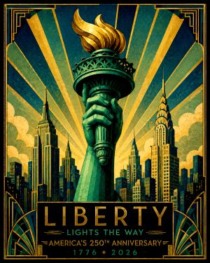 Art Deco Statue of Liberty Torch and Skyscrapers Matted Art Print