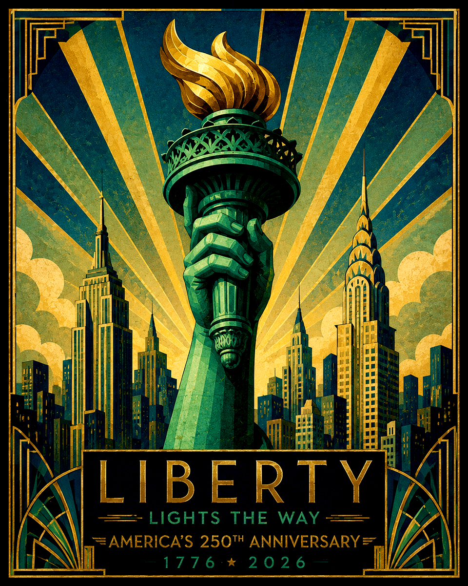 Art Deco Statue of Liberty Torch and Skyscrapers Matted Art Print