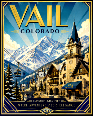 Art Deco Vail Village Winter Ski Resort Matted Print - Luxury Colorado Travel Wholesale Art
