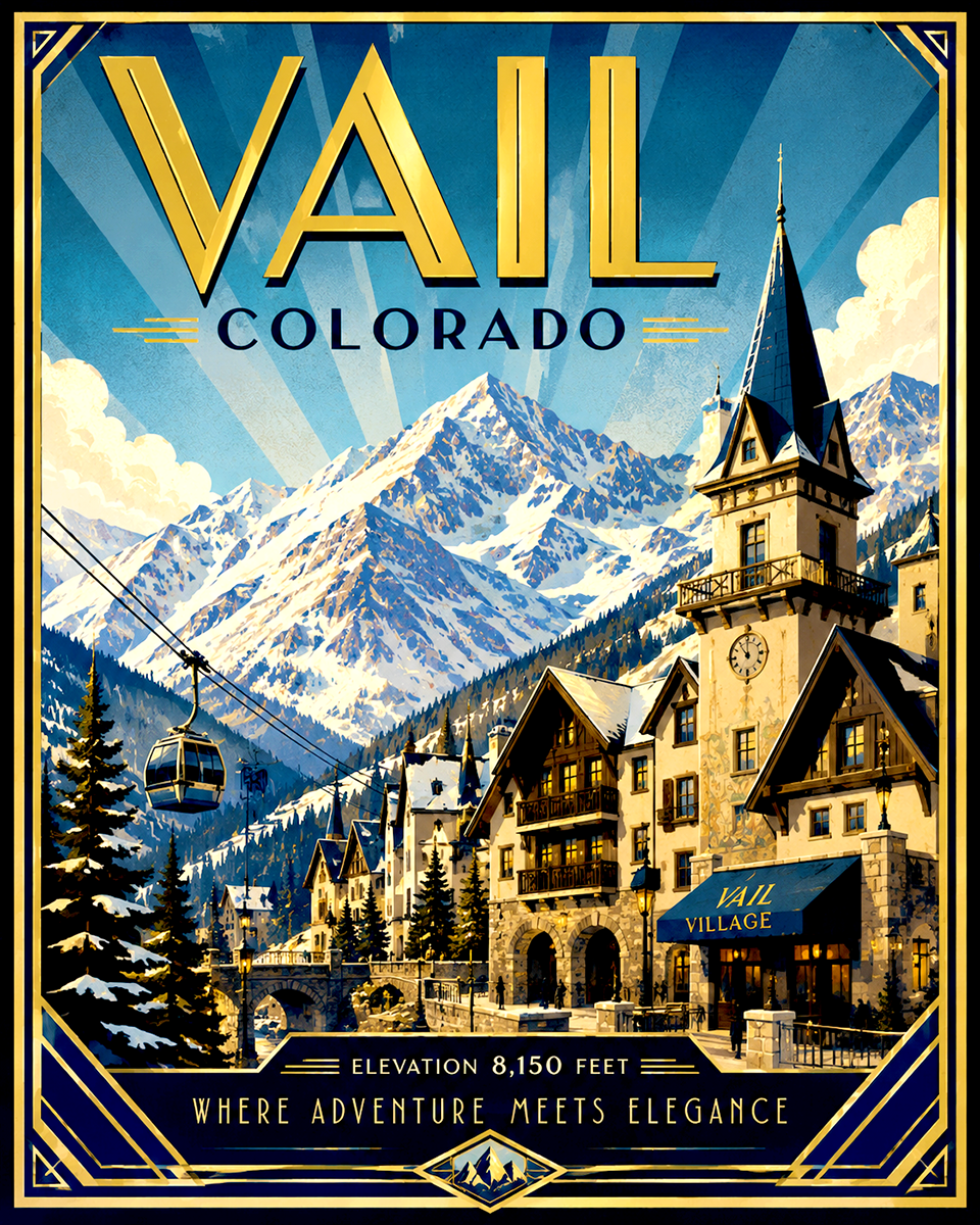 Art Deco Vail Village Winter Ski Resort Matted Print - Luxury Colorado Travel Wholesale Art