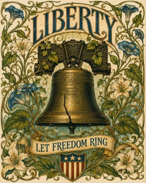 Art Nouveau Botanical Liberty Bell with Vines Matted Art Print