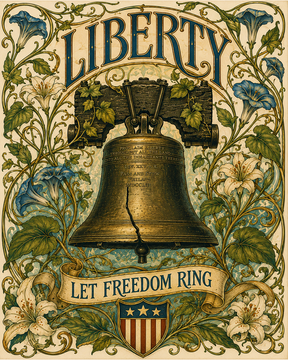 Art Nouveau Botanical Liberty Bell with Vines Matted Art Print