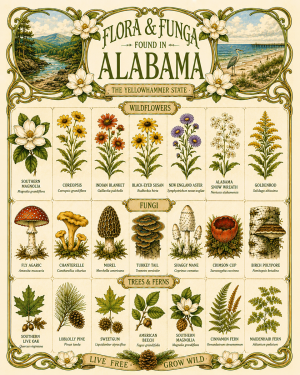 Art-Nouveau-Flora-&-Funga-Found-in-Alabama-Botanical-Infographic-Matted-Print