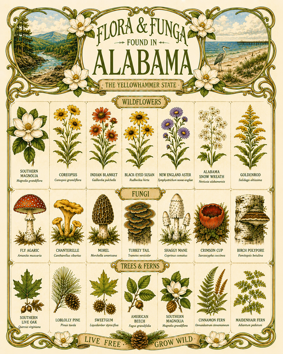Art-Nouveau-Flora-&-Funga-Found-in-Alabama-Botanical-Infographic-Matted-Print