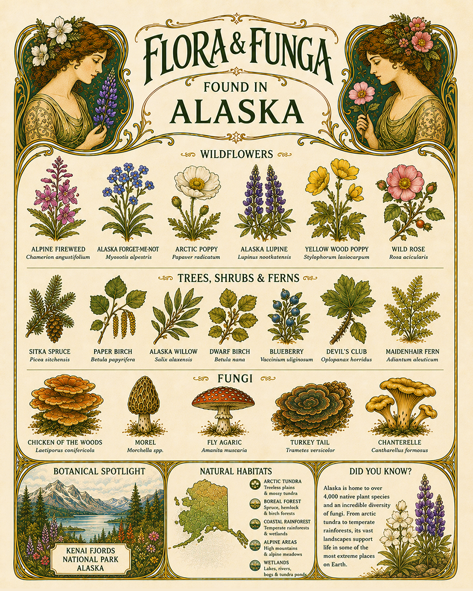 Art-Nouveau-Flora-&-Funga-Found-in-Alaska-Botanical-Infographic-Matted-Print