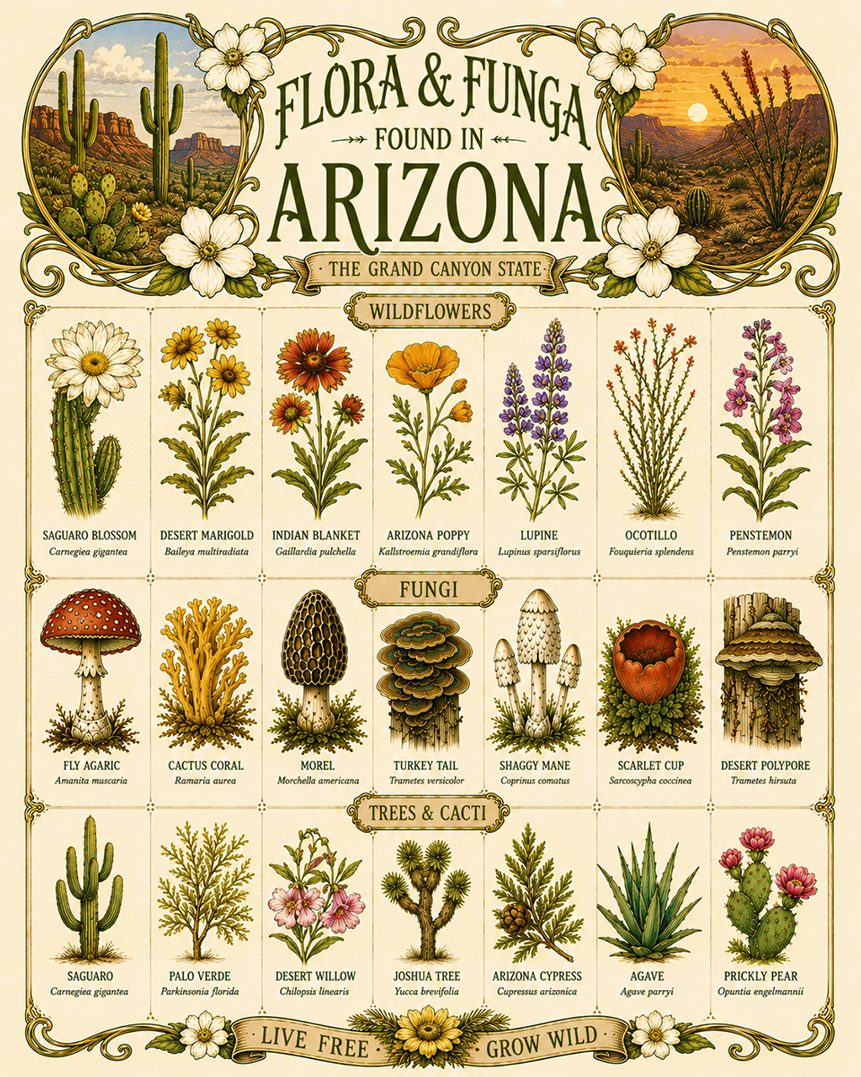 Art-Nouveau-Flora-&-Funga-Found-in-Arizona-Botanical-Infographic-Matted-Print
