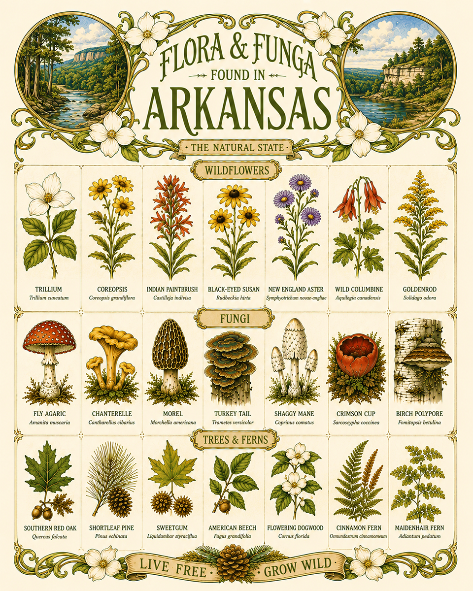 Art-Nouveau-Flora-&-Funga-Found-in-Arkansas-Botanical-Infographic-Matted-Print