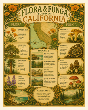 Art-Nouveau-Flora-&-Funga-Found-in-California-Botanical-Infographic-Matted-Print