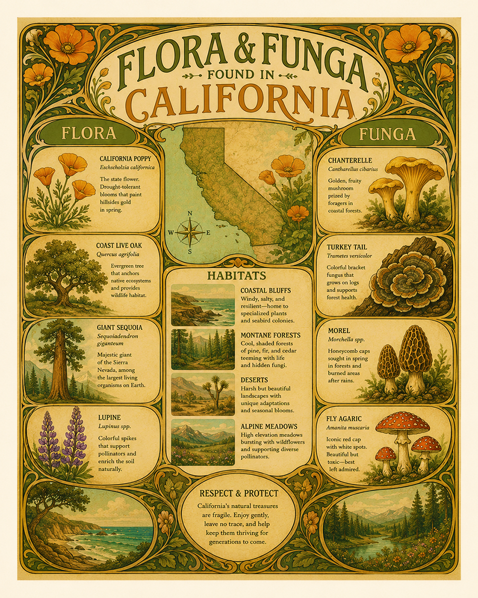 Art-Nouveau-Flora-&-Funga-Found-in-California-Botanical-Infographic-Matted-Print
