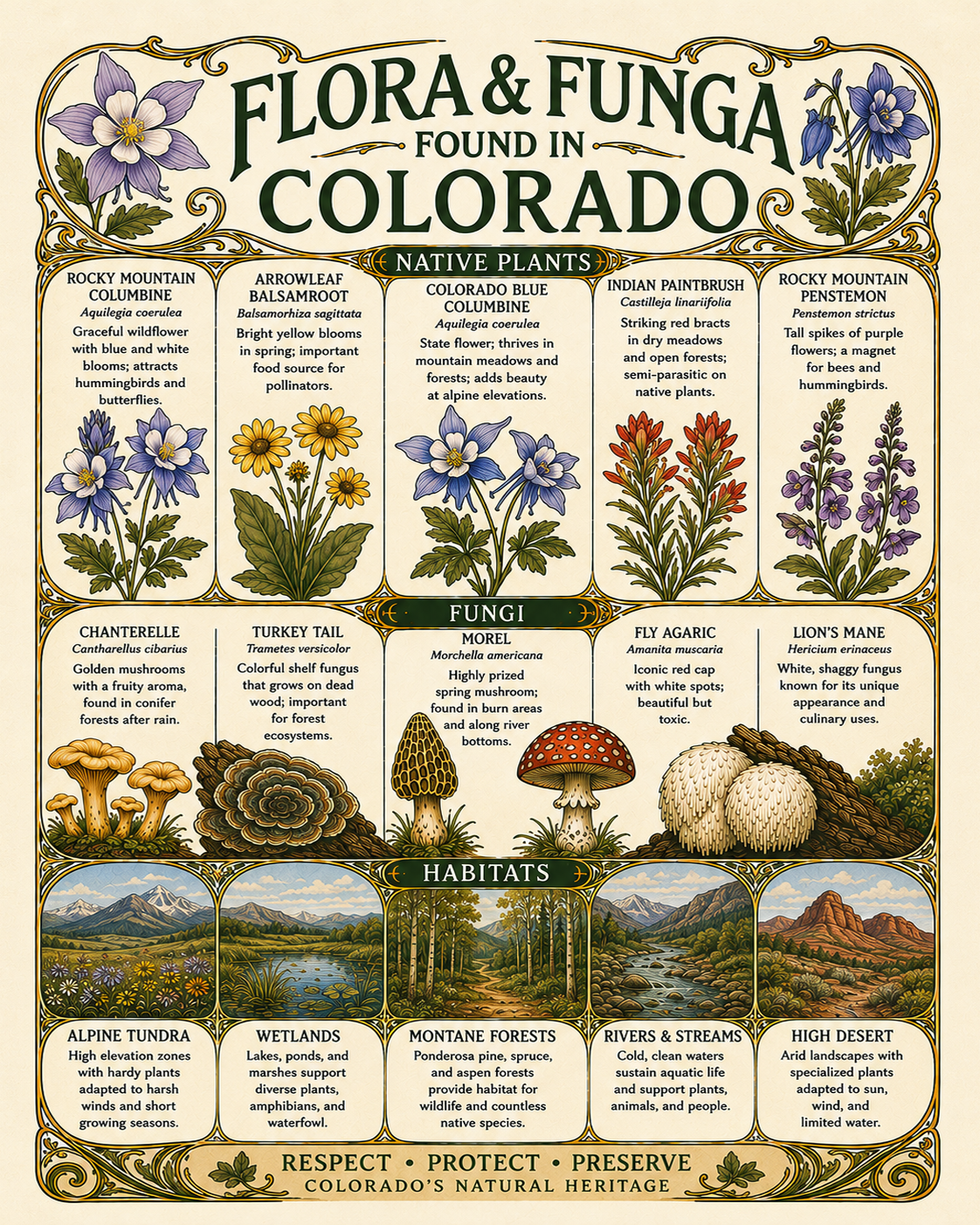 Art-Nouveau-Flora-&-Funga-Found-in-Colorado-Botanical-Infographic-Matted-Print