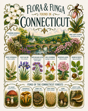 Art-Nouveau-Flora-&-Funga-Found-in-Connecticut-Botanical-Infographic-Matted-Print