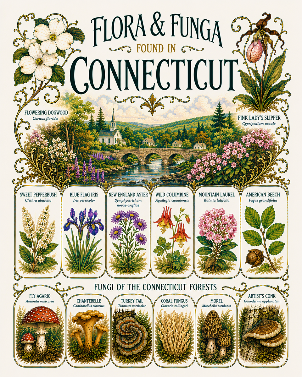 Art-Nouveau-Flora-&-Funga-Found-in-Connecticut-Botanical-Infographic-Matted-Print