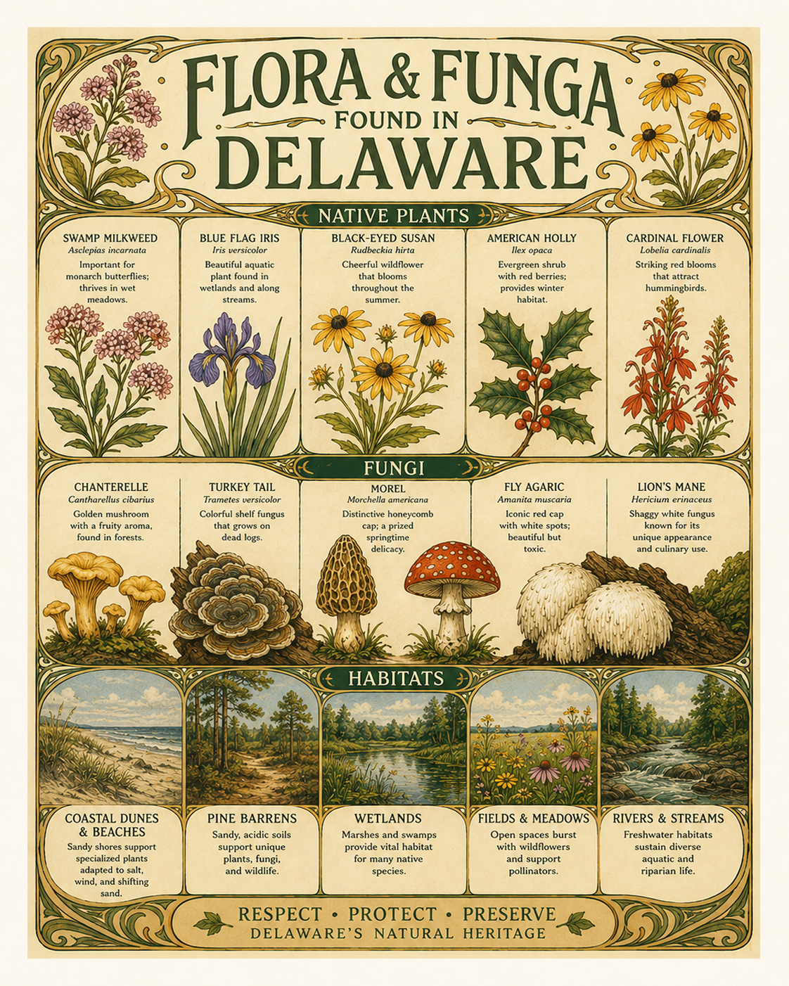 Art-Nouveau-Flora-&-Funga-Found-in-Delaware-Botanical-Infographic-Matted-Print