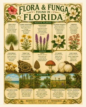 Art-Nouveau-Flora-&-Funga-Found-in-Florida-Botanical-Infographic-Matted-Print