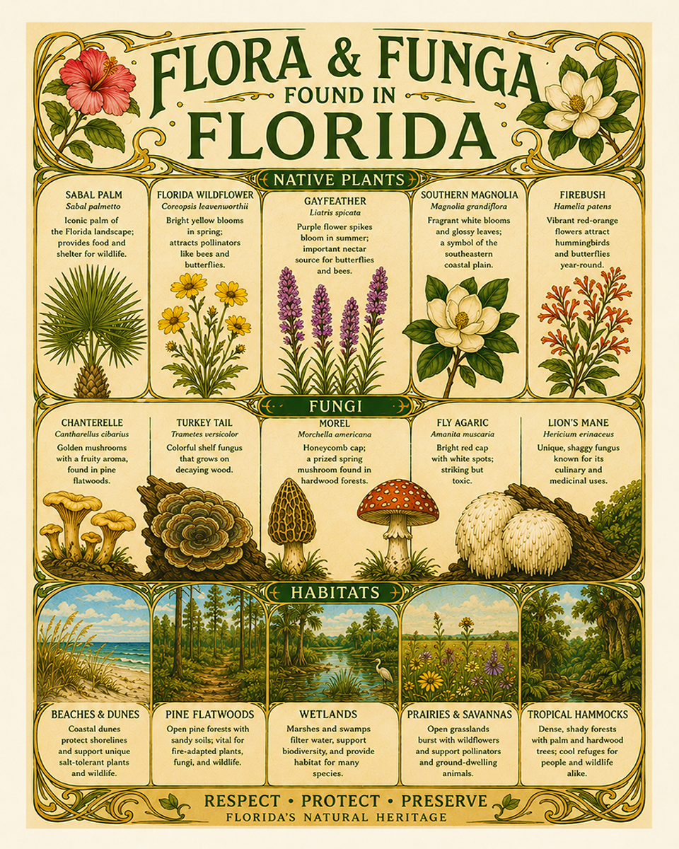 Art-Nouveau-Flora-&-Funga-Found-in-Florida-Botanical-Infographic-Matted-Print