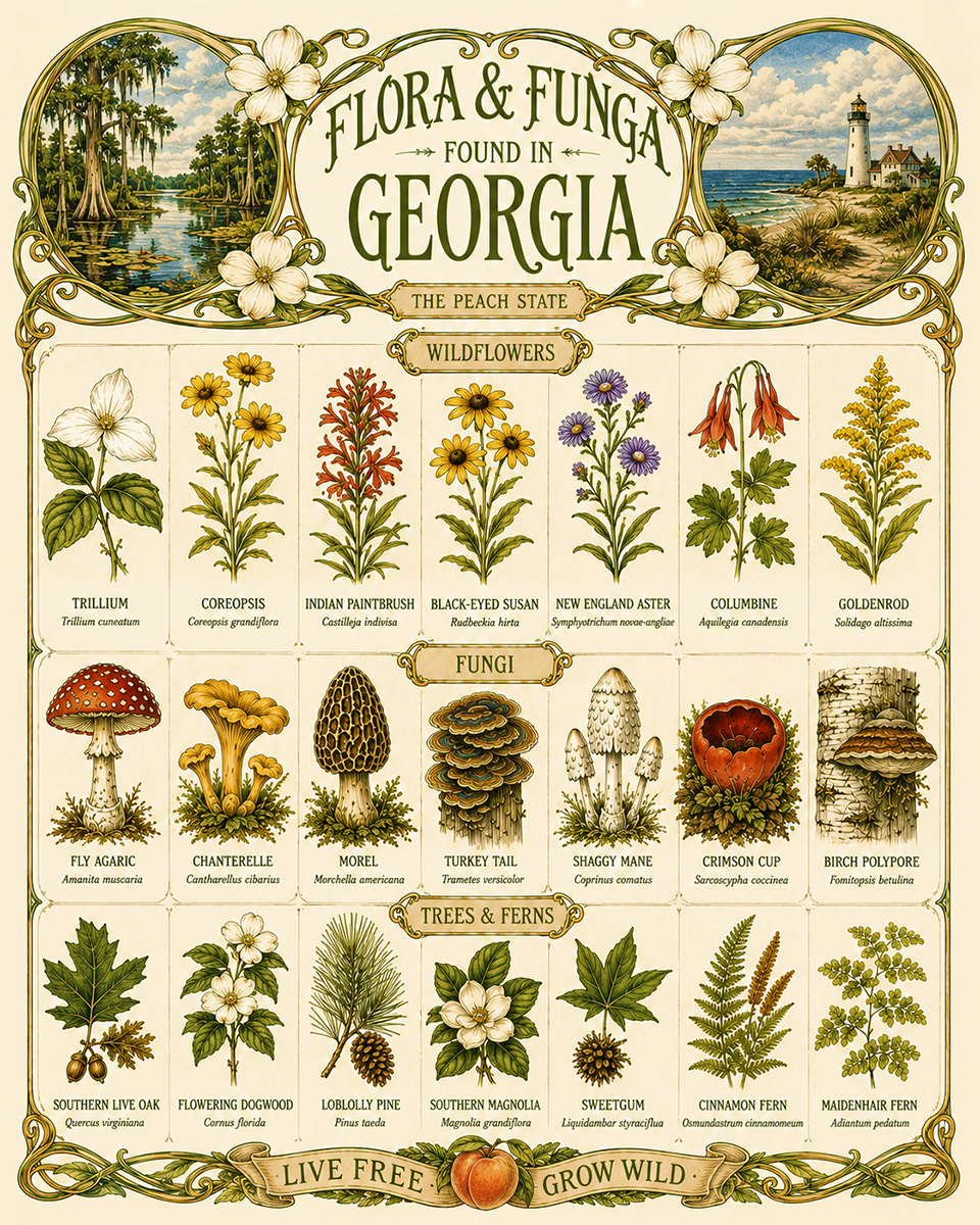 Art-Nouveau-Flora-&-Funga-Found-in-Georgia-Botanical-Infographic-Matted-Print