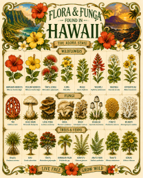 Art-Nouveau-Flora-&-Funga-Found-in-Hawaii-Botanical-Infographic-Matted-Print