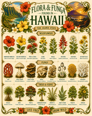 Art-Nouveau-Flora-&-Funga-Found-in-Hawaii-Botanical-Infographic-Matted-Print