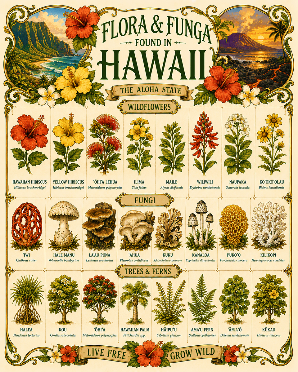 Art-Nouveau-Flora-&-Funga-Found-in-Hawaii-Botanical-Infographic-Matted-Print