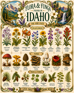 Art-Nouveau-Flora-&-Funga-Found-in-Idaho-Botanical-Infographic-Matted-Print