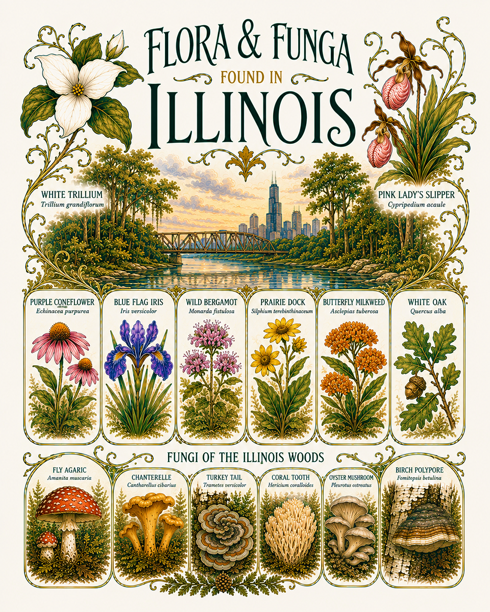 Art-Nouveau-Flora-&-Funga-Found-in-Illinois-Botanical-Infographic-Matted-Print