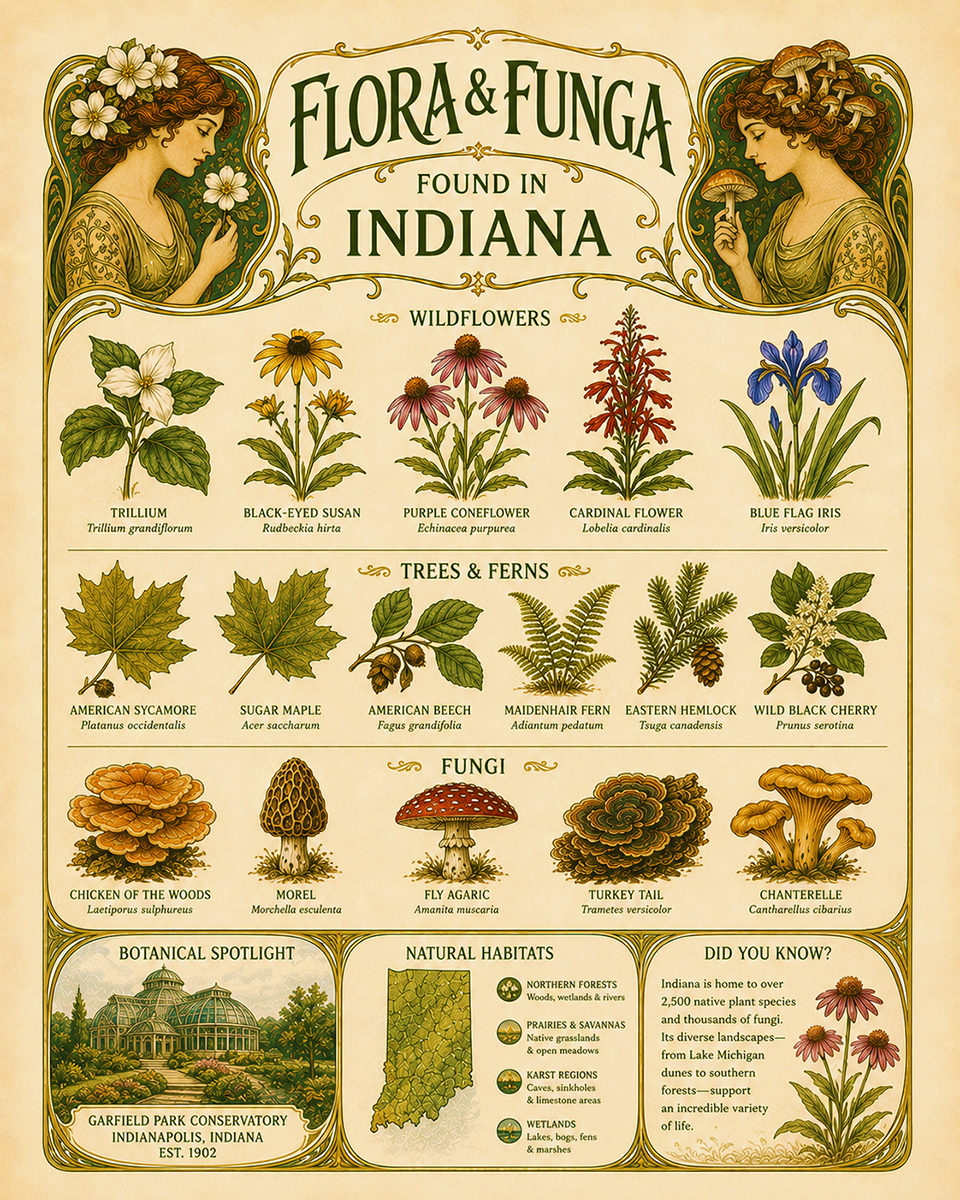 Art-Nouveau-Flora-&-Funga-Found-in-Indiana-Botanical-Infographic-Matted-Print